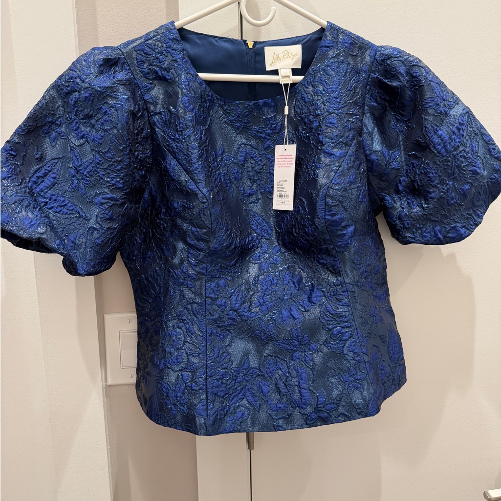 Nwt Lilly Pulitzer Blue Floral Jacquard Puff Sleeve Top - Medora Jacquard Top